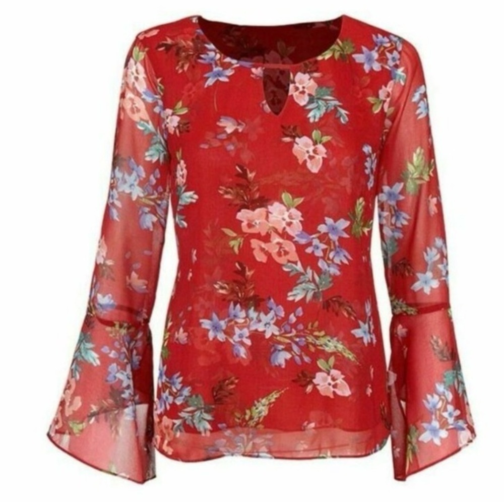 Cabi 3590 Devoted Blouse Red Floral Bell Sleeve Size S - Picture 8 of 9
